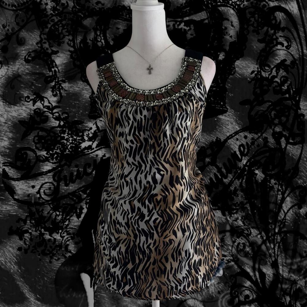 black tan brown cream zebra animal print embellished glam sleeveless top